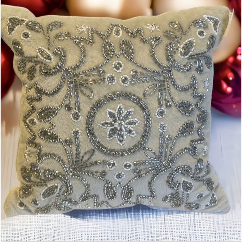 Christmas Beaded Pillow Gray Velvet Silver White Nordic Pattern Holiday 12x12"
